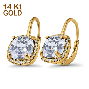 14K Yellow Gold Cushion Halo Leverback Earrings Round Cubic Zirconia
